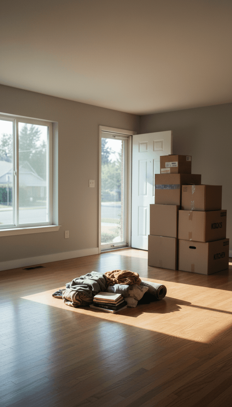 Partly cleared living room with packed boxes ready for hauling