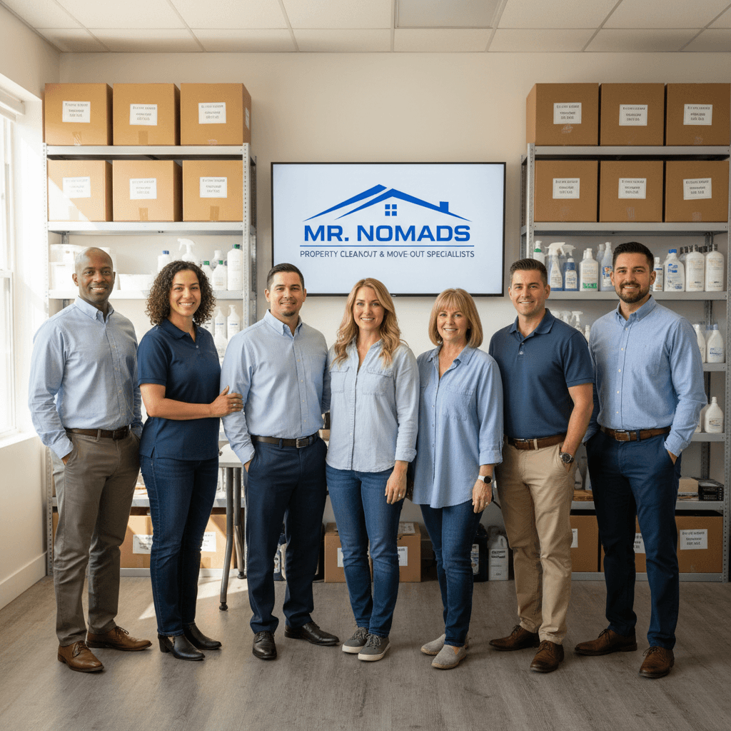 Eight diverse family members in a modern setting, symbolizing teamwork in a property cleanout business.