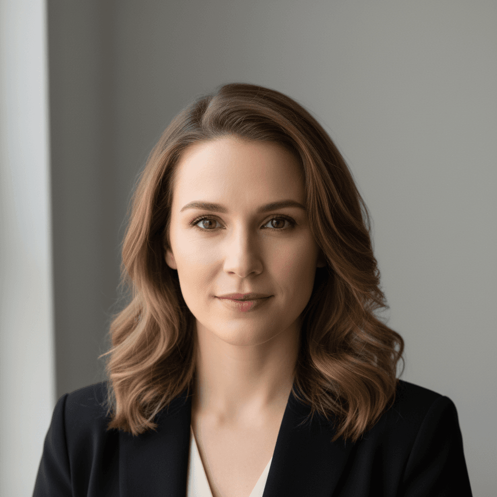 Professional headshot of performer with confident expression against neutral gray background, natural studio lighting