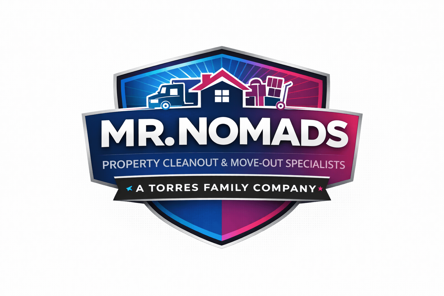 MR. NOMADS logo for property cleanout and move-out specialists, featuring house, truck, and boxes.