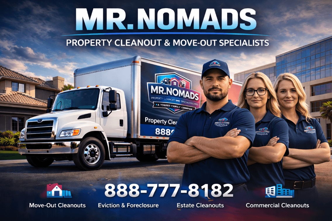 MR. NOMADS property cleanout specialists standing confidently in front of a company moving truck.